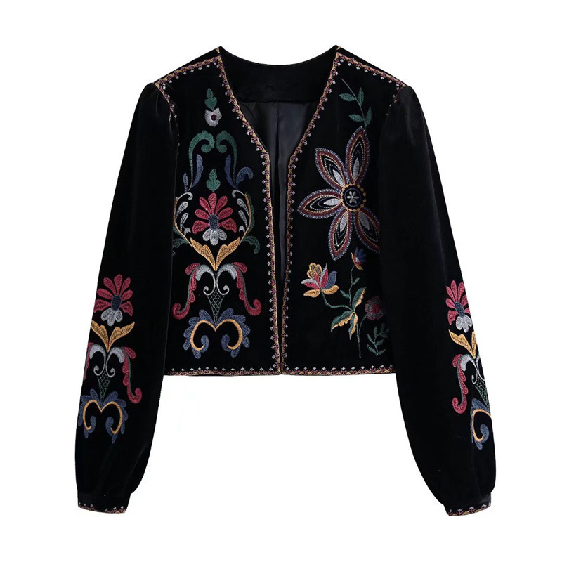Embroidery Cardigan - Women Vintage Floral Embroidered Velvet Cropped