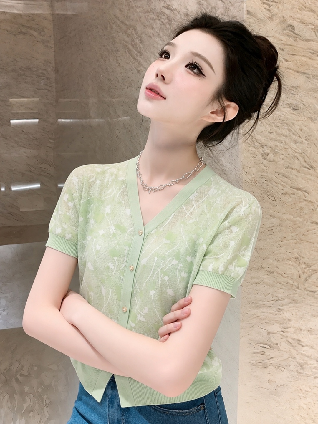 Embroidery Cardigan - Korean Style Ice Silk Knitted Top