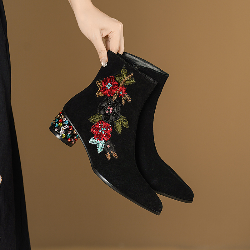 Embroidery Flower - Bohemian Black Cow Suede Ankle Boots
