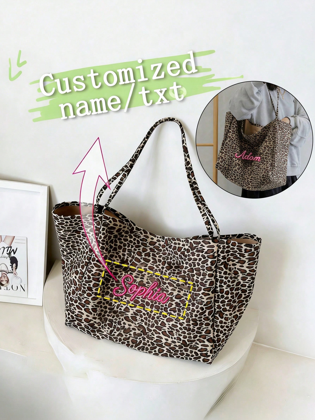 Embroidery Gift Ideas - Custom Name Leopard Print Tote Bag